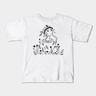 Sad girl in a flower field Kids T-Shirt